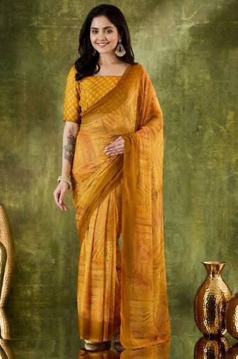 Yellow color chiffon fabric designer printed ready to wear ethnic party saree
