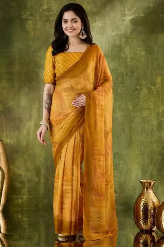Yellow color chiffon fabric designer printed ready to wear ethnic party saree