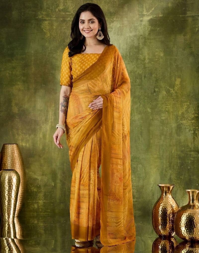 Yellow color chiffon fabric designer printed ready to wear ethnic party saree