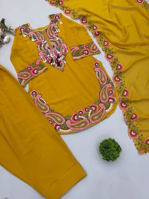 Yellow georgette embroidered kurta farshi set with dupatta 2