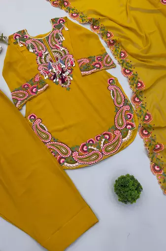 Yellow georgette embroidered kurta farshi set with dupatta