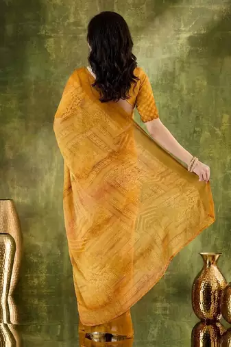 Yellow color chiffon fabric designer printed ready to wear ethnic party saree