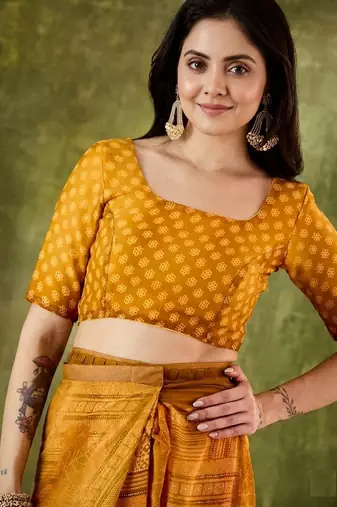 Yellow color chiffon fabric designer printed ready to wear ethnic party saree