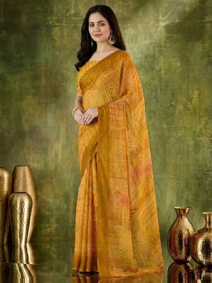 Yellow color chiffon fabric designer printed ready to wear ethnic party saree 4