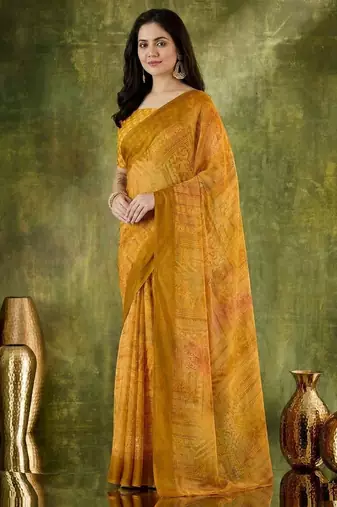 Yellow color chiffon fabric designer printed ready to wear ethnic party saree