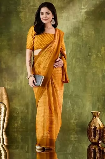 Yellow color chiffon fabric designer printed ready to wear ethnic party saree