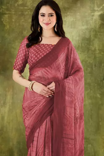 Brown color chiffon fabric designer printed ready to wear ethnic party saree