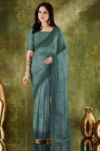 Green color chiffon fabric designer printed ready to wear ethnic party saree