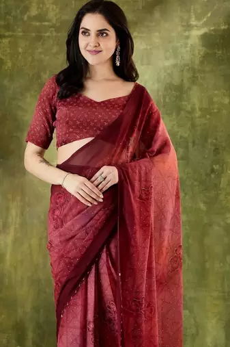 Maroon color chiffon fabric designer printed ready to wear ethnic party saree