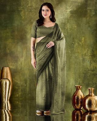 Mahendi color chiffon fabric designer printed ready to wear ethnic party saree 1