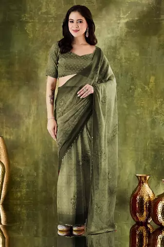 Mahendi color chiffon fabric designer printed ready to wear ethnic party saree