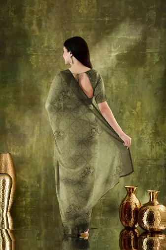 Mahendi color chiffon fabric designer printed ready to wear ethnic party saree