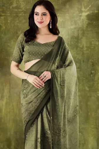 Mahendi color chiffon fabric designer printed ready to wear ethnic party saree