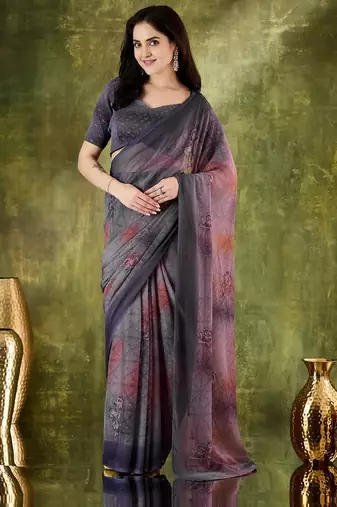 Purple color chiffon fabric designer printed ready to wear ethnic party saree