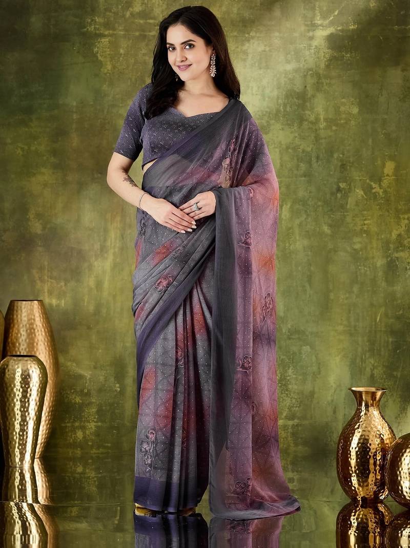 Purple color chiffon fabric designer printed ready to wear ethnic party saree