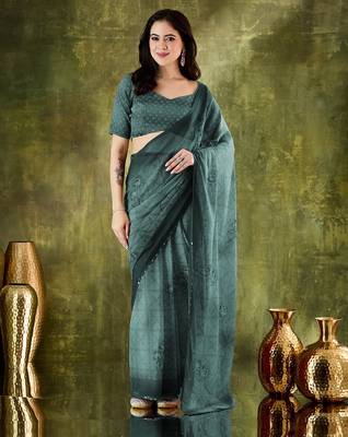 Rama color chiffon fabric designer printed ready to wear ethnic party saree 1