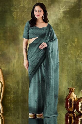 Rama color chiffon fabric designer printed ready to wear ethnic party saree