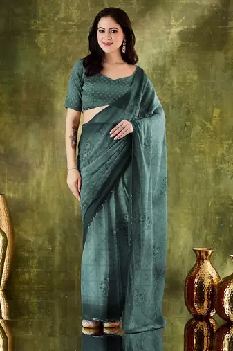 Rama color chiffon fabric designer printed ready to wear ethnic party saree