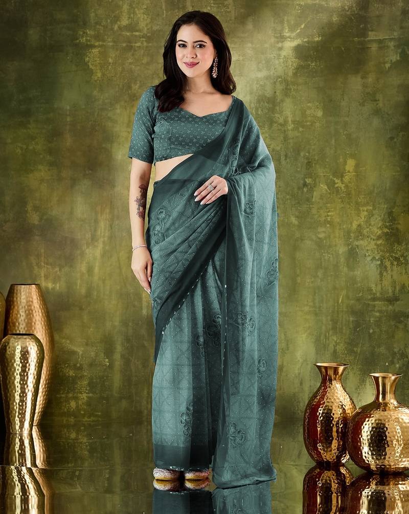 Rama color chiffon fabric designer printed ready to wear ethnic party saree