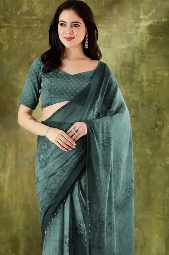 Rama color chiffon fabric designer printed ready to wear ethnic party saree