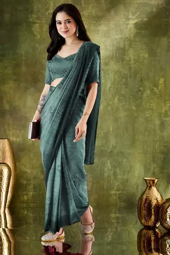 Rama color chiffon fabric designer printed ready to wear ethnic party saree
