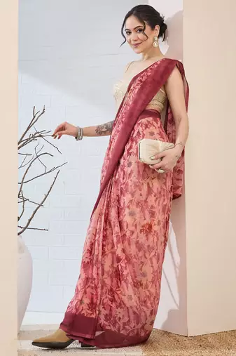 Rust color chiffon fabric designer printed ready to wear ethnic party saree