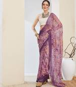 Purple color chiffon fabric designer printed ready to wear ethnic party saree