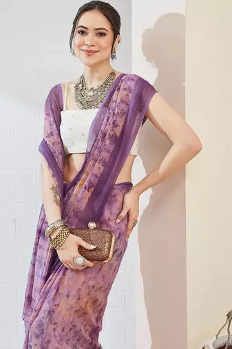 Purple color chiffon fabric designer printed ready to wear ethnic party saree
