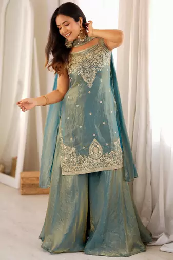 Teal pure fendy silk blend embroidered kurta sharara set with dupatta