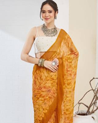 Yellow color chiffon fabric designer printed ready to wear ethnic party saree 3