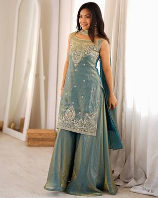 Teal pure fendy silk blend embroidered kurta sharara set with dupatta 3