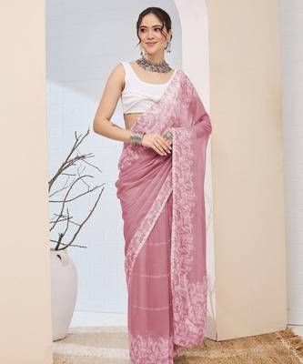 Pink color chiffon fabric designer printed ready to wear ethnic party saree 1