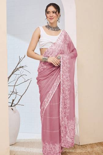 Pink color chiffon fabric designer printed ready to wear ethnic party saree
