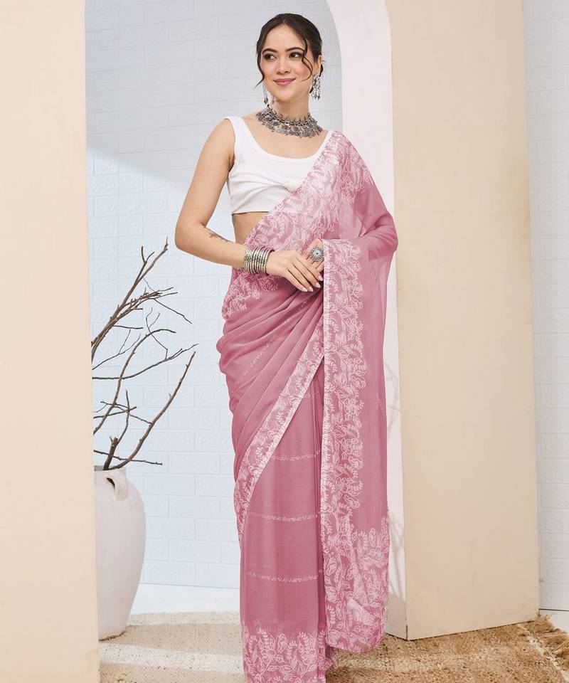 Pink color chiffon fabric designer printed ready to wear ethnic party saree