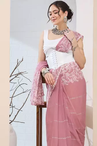 Pink color chiffon fabric designer printed ready to wear ethnic party saree