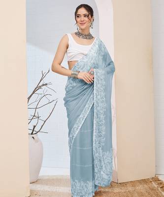 Sky blue color chiffon fabric designer printed ready to wear ethnic party saree 1