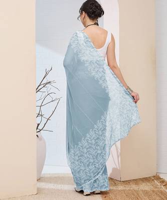 Sky blue color chiffon fabric designer printed ready to wear ethnic party saree 2