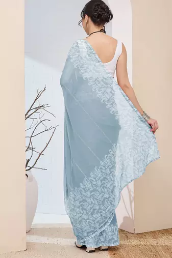 Sky blue color chiffon fabric designer printed ready to wear ethnic party saree