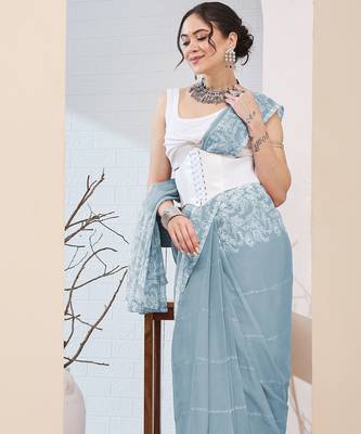 Sky blue color chiffon fabric designer printed ready to wear ethnic party saree 3