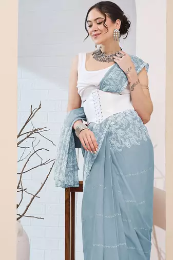 Sky blue color chiffon fabric designer printed ready to wear ethnic party saree