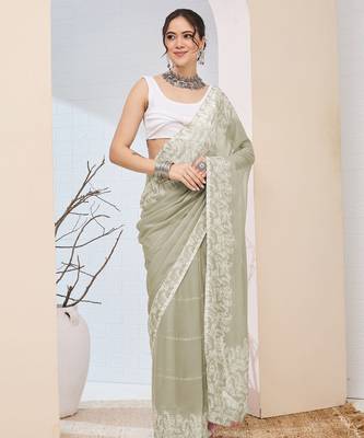 Pista color chiffon fabric designer printed ready to wear ethnic party saree 1