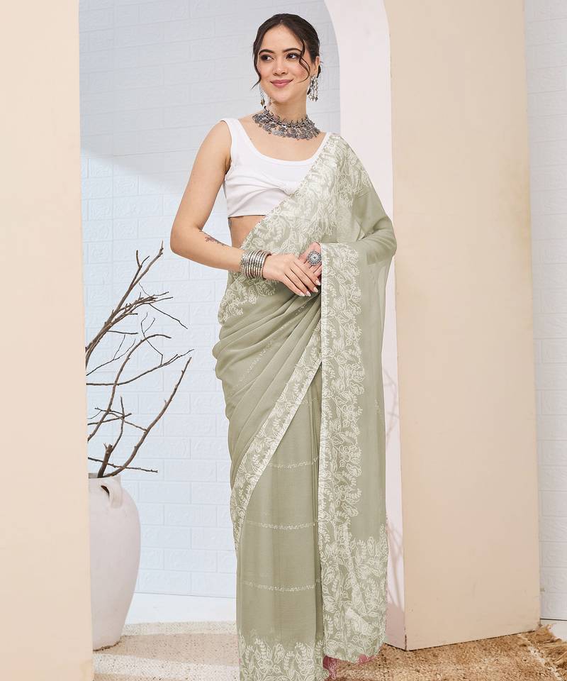 Pista color chiffon fabric designer printed ready to wear ethnic party saree