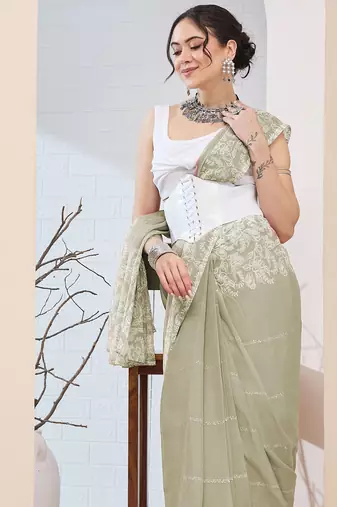 Pista color chiffon fabric designer printed ready to wear ethnic party saree