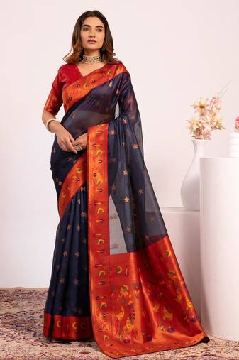 Blue color tissue silk ethnic partywear paithani pallu designer saree