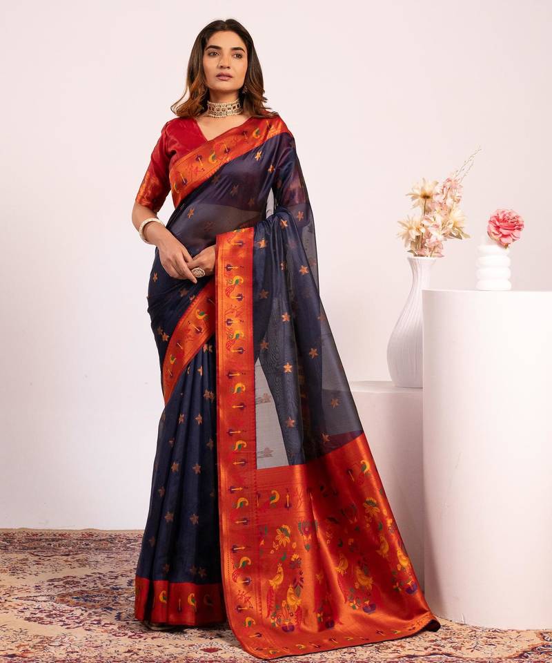 Blue color tissue silk ethnic partywear paithani pallu designer saree