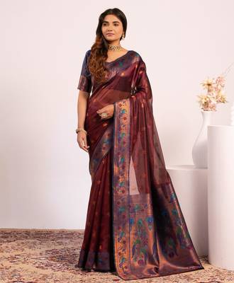 Coffee color tissue silk ethnic partywear paithani pallu designer saree 1