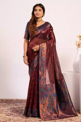 Coffee color tissue silk ethnic partywear paithani pallu designer saree