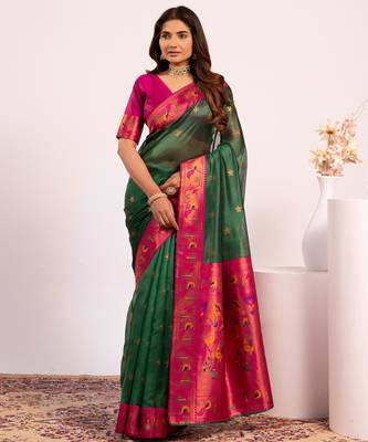 Green color tissue silk ethnic partywear paithani pallu designer saree 1