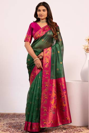 Green color tissue silk ethnic partywear paithani pallu designer saree