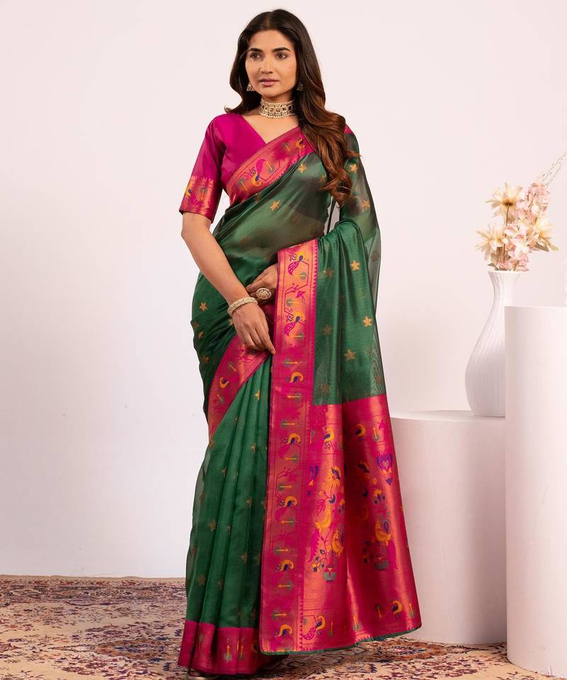 Green color tissue silk ethnic partywear paithani pallu designer saree